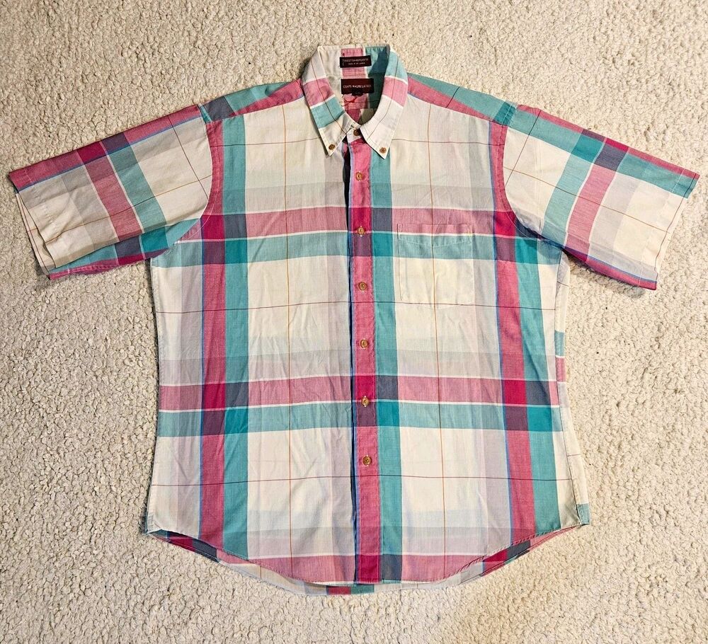 VTG 90s Chaps Ralph Lauren Shirt Button Down Mens XL SS Plaid Teal Pink Cotton